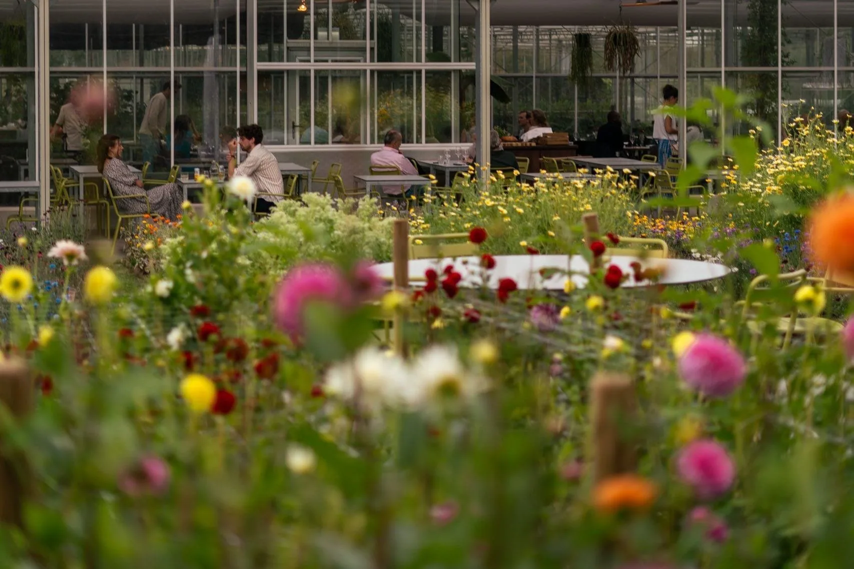 Gasten zitten aan tafels bij een kas, met bloeiende bloemen op de voorgrond